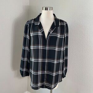 Ann Taylor Womens Large Plaid Pullover Blouse Long‎ Sleeve V Neck Shirt Top